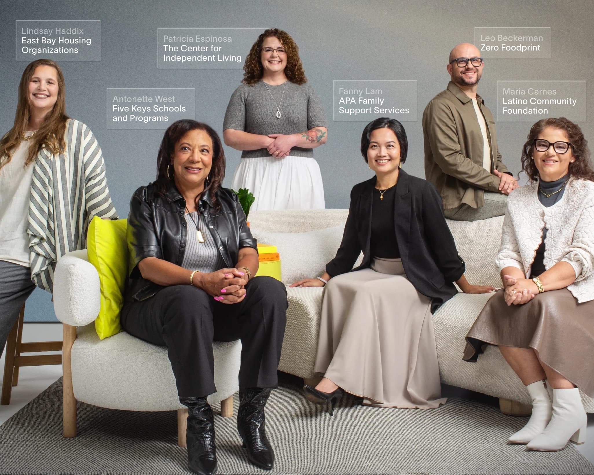 Six nonprofit finance leaders: Lindsay Haddix, Antonette West, Patricia Espinosa, Fanny Lam, Leo Beckerman, and Maria Carnes