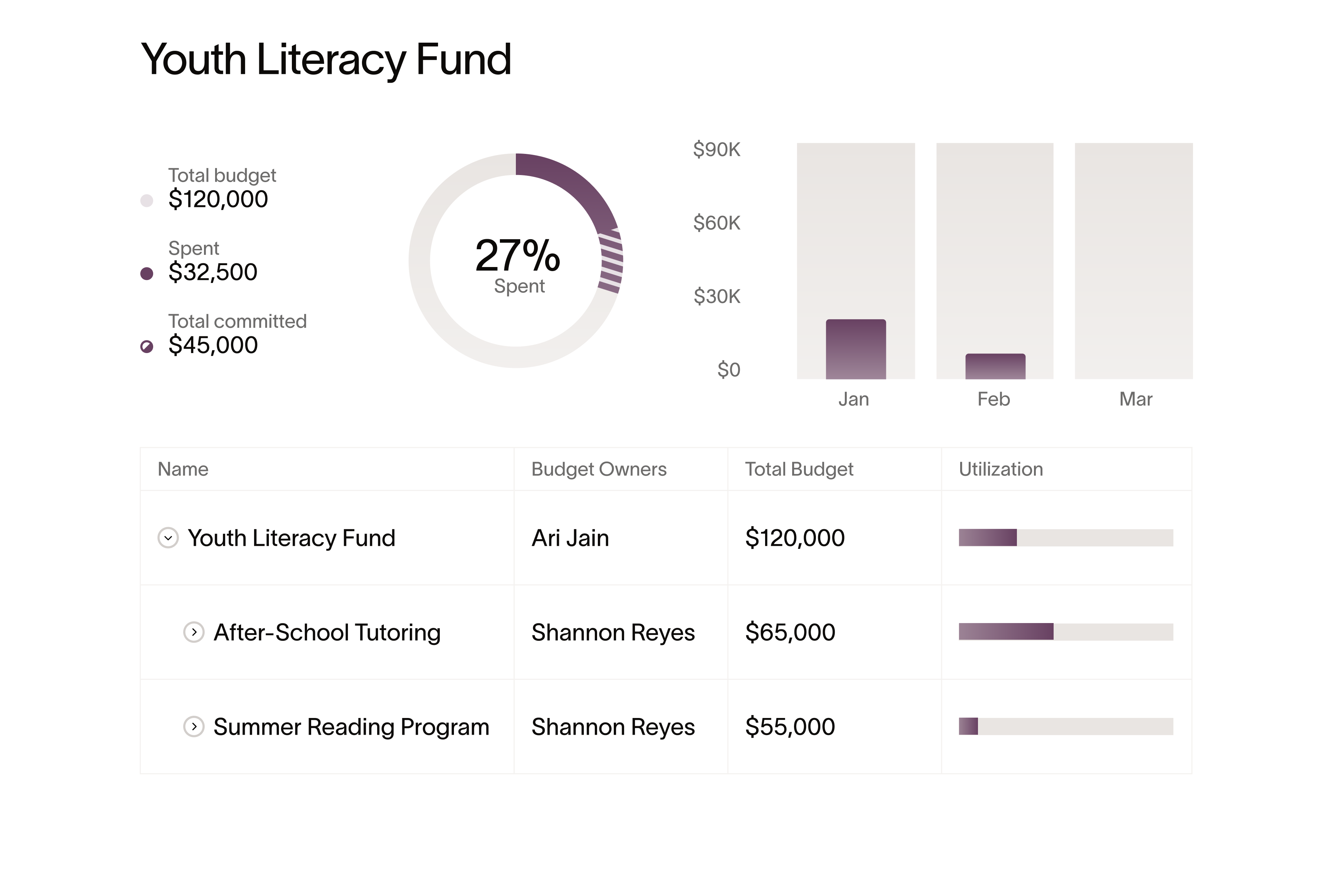Youth Literacy Fund budget showing spent, committed, and remaining
