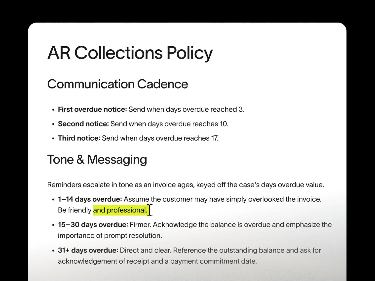 AR collections policy with communication cadence and tone guidelines
