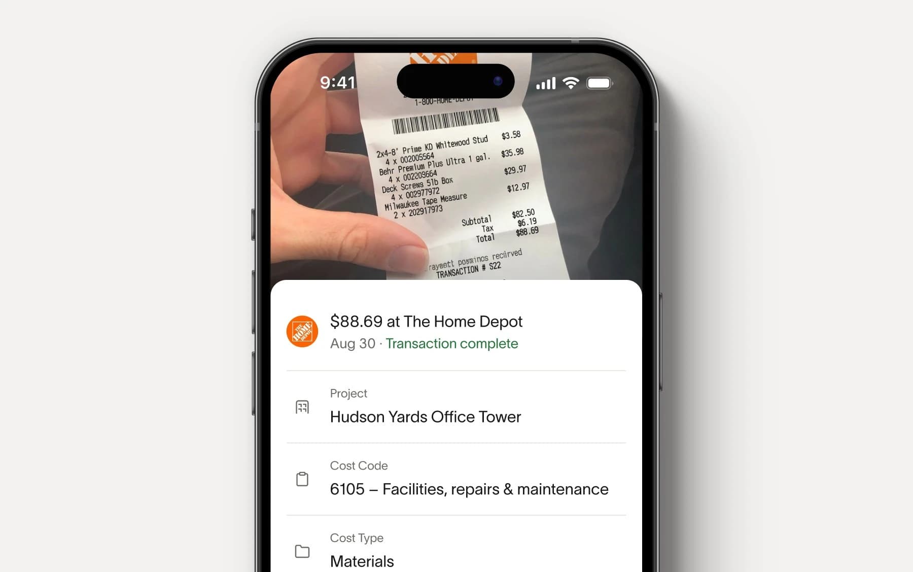 Receipt matched to a construction project, cost code, and cost type