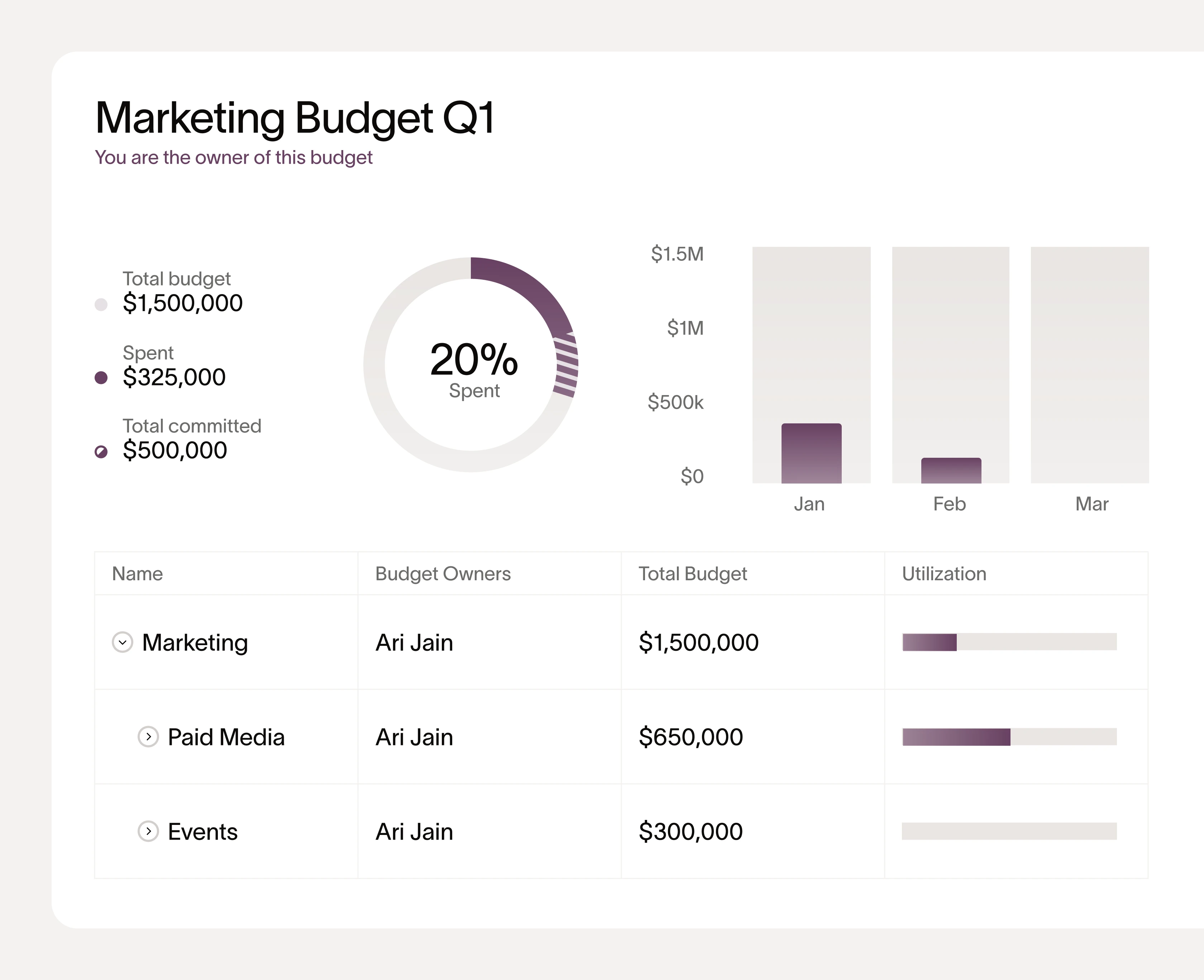 Budget ownership and permissions interface