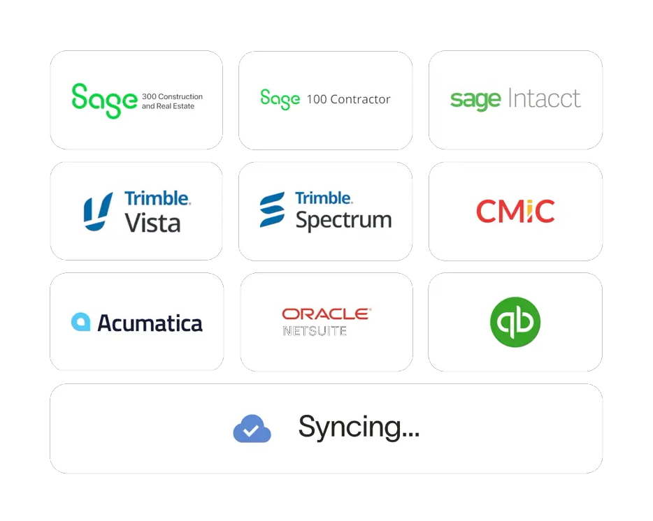 Construction ERP integrations including Sage, Trimble, CMiC, and Acumatica