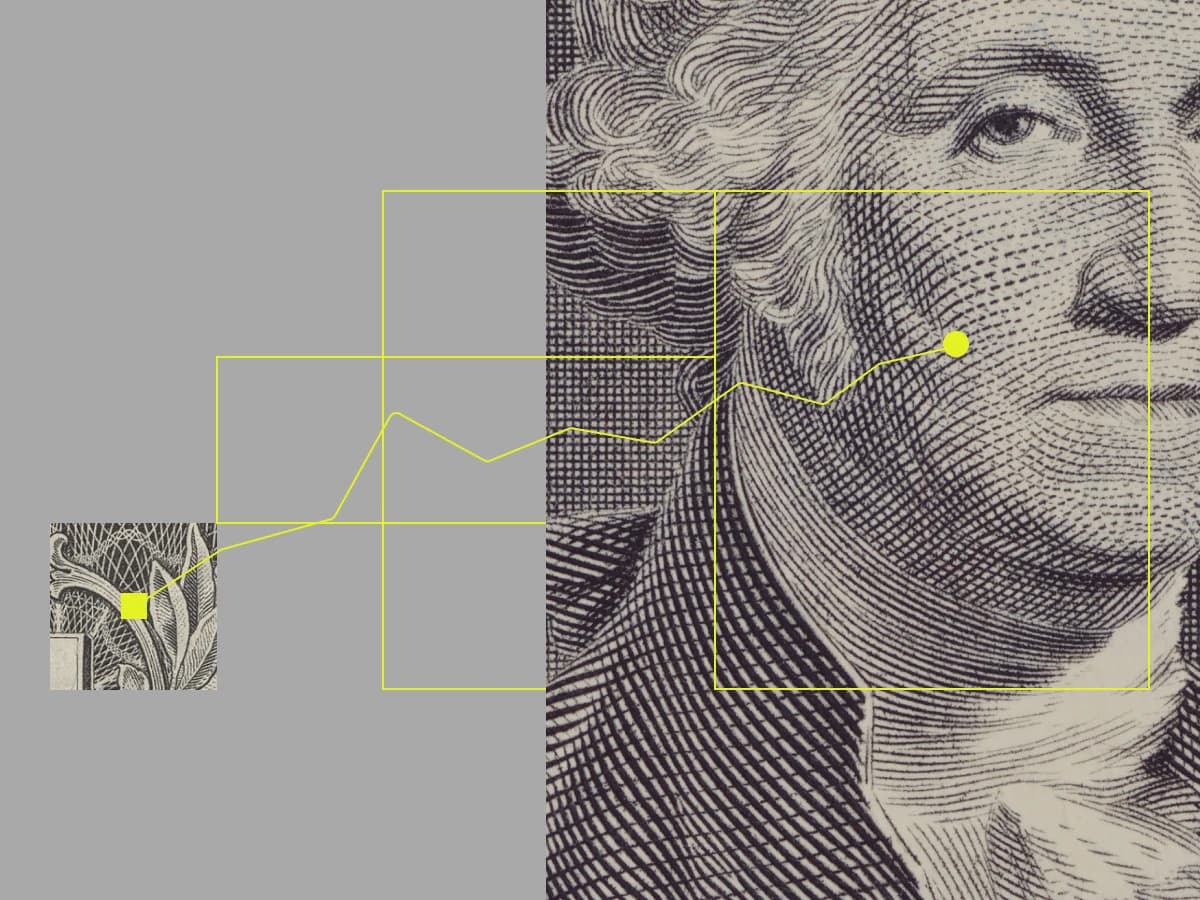 Spend analysis visualization showing a trend line over a currency engraving