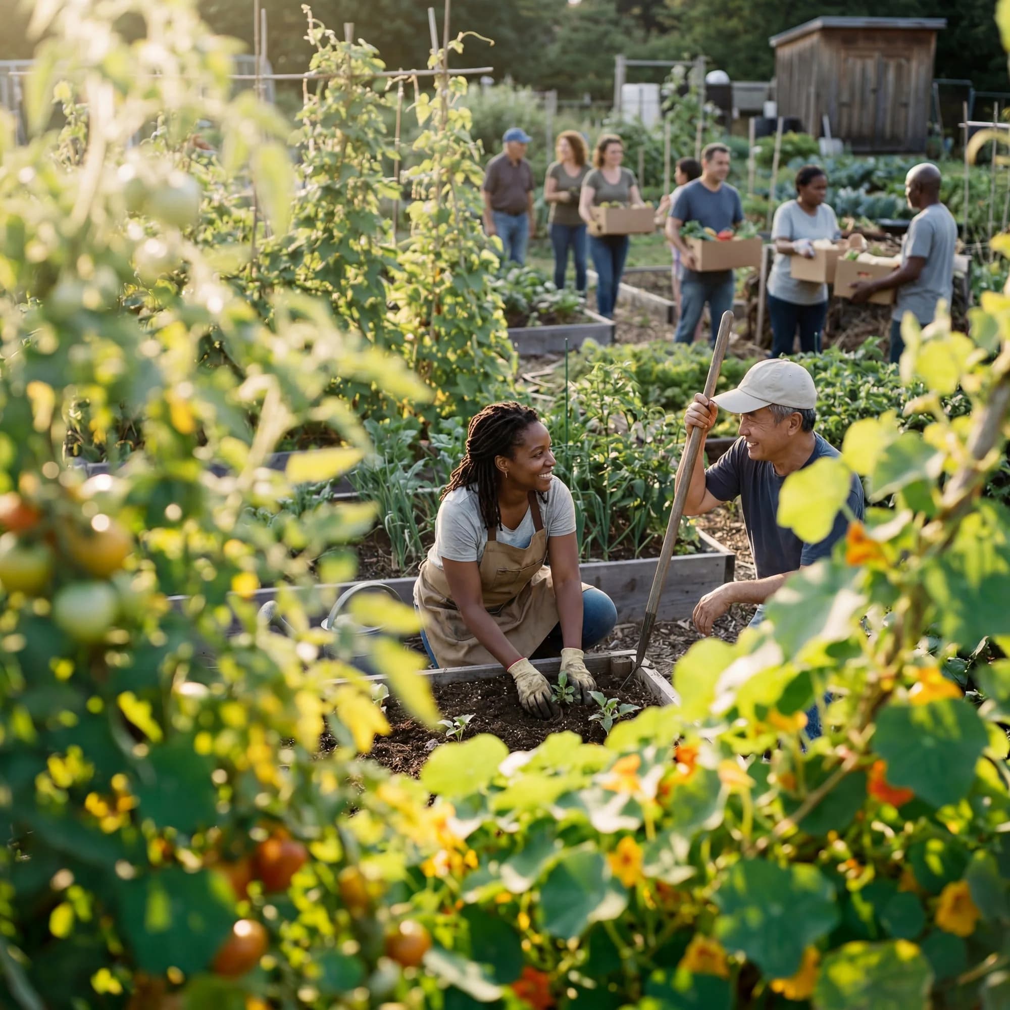 Volunteers working in a community garden.