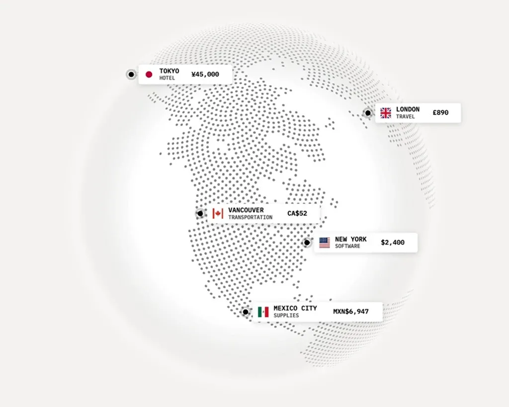 Stippled globe with sample card spend in Tokyo, London, Vancouver, New York, and Mexico City