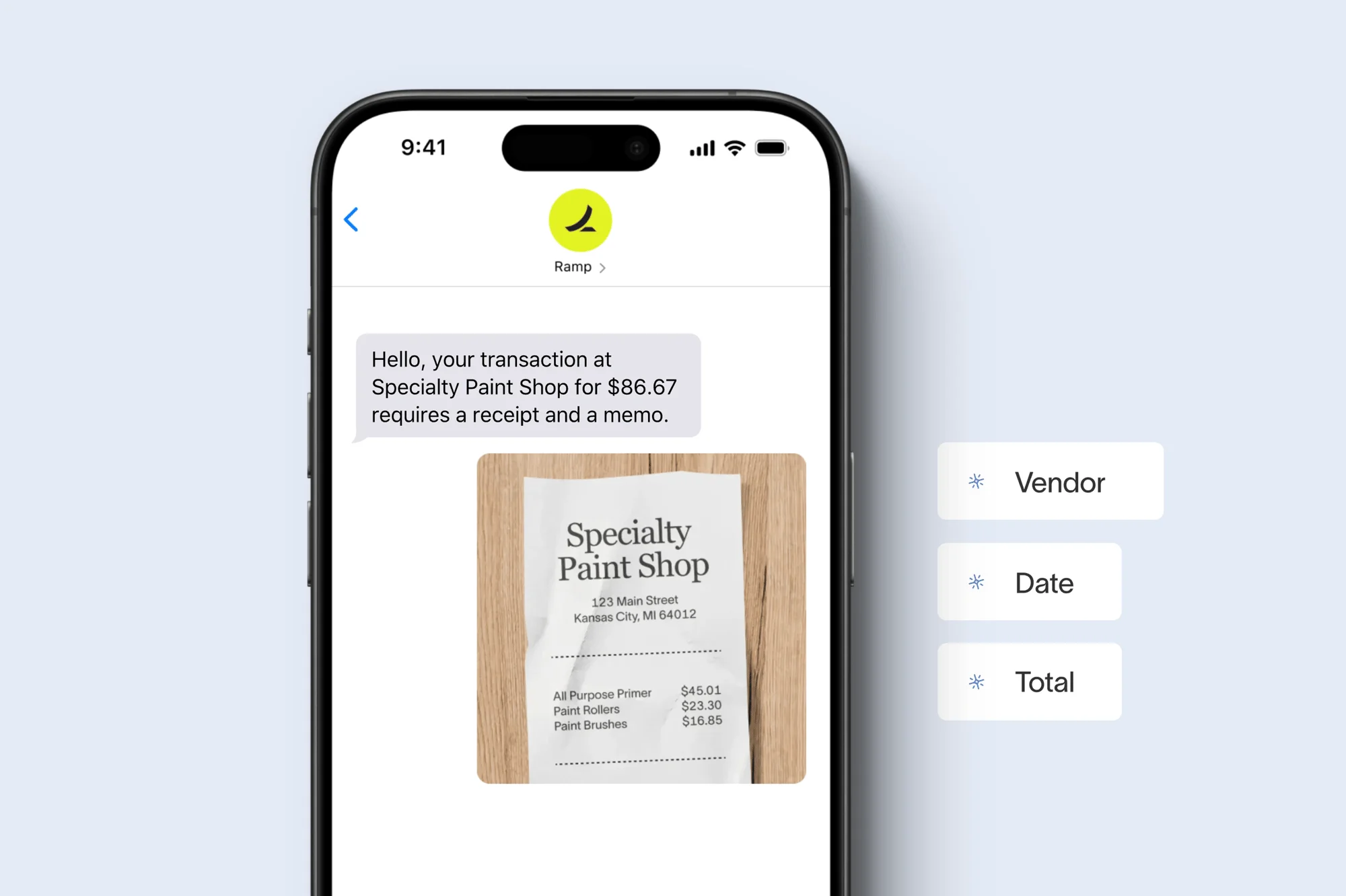 Ramp mobile receipt capture with extracted vendor, date, and total details