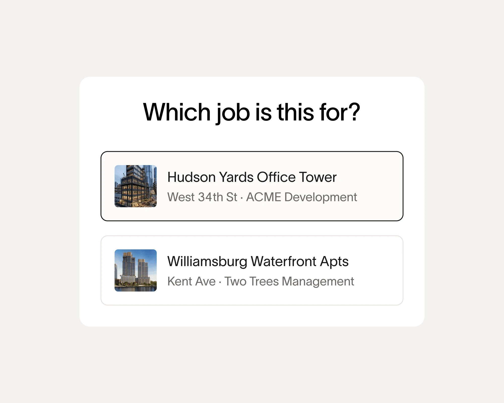Job selection screen showing relevant construction projects for expense tagging