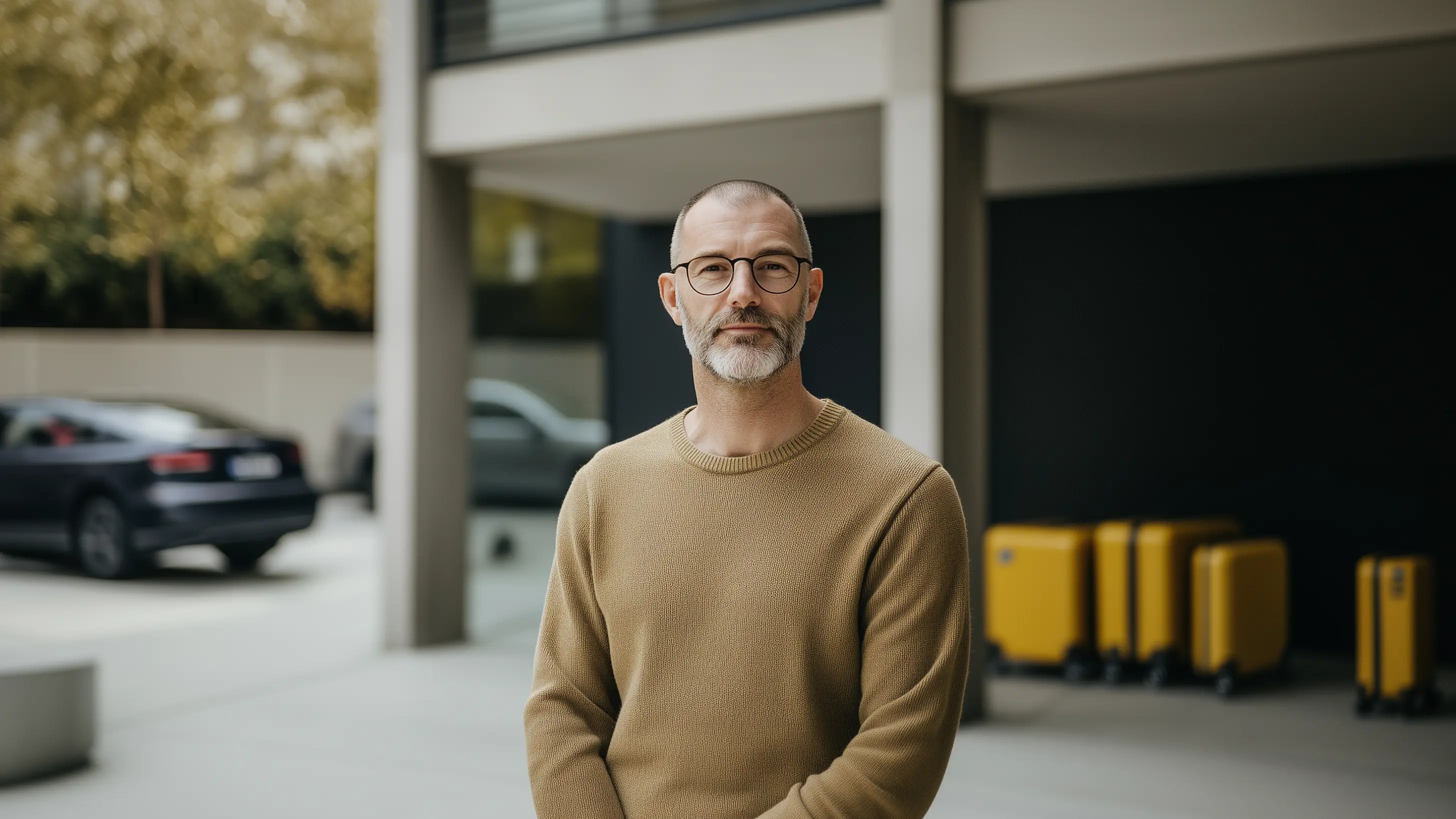 Man standing in front of a hotel