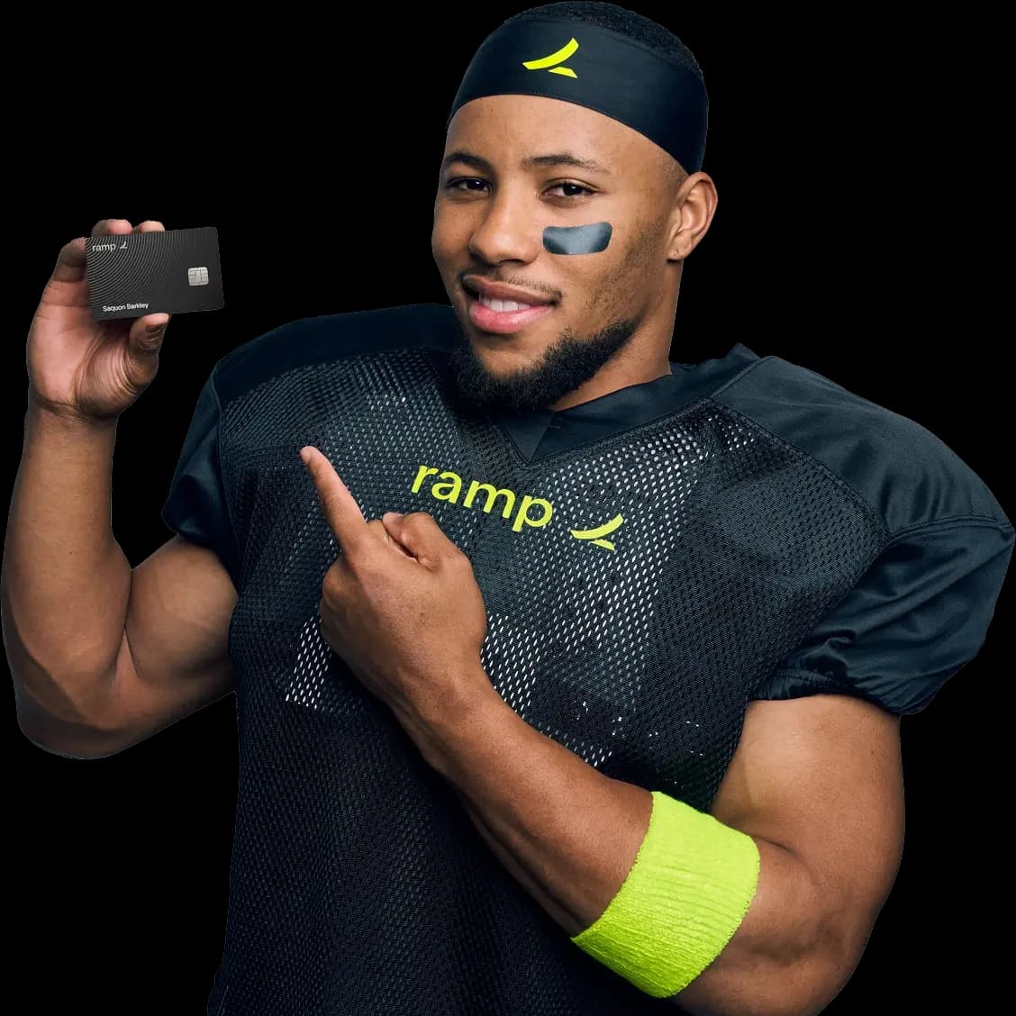 Saquon Barkeley holding a Ramp card